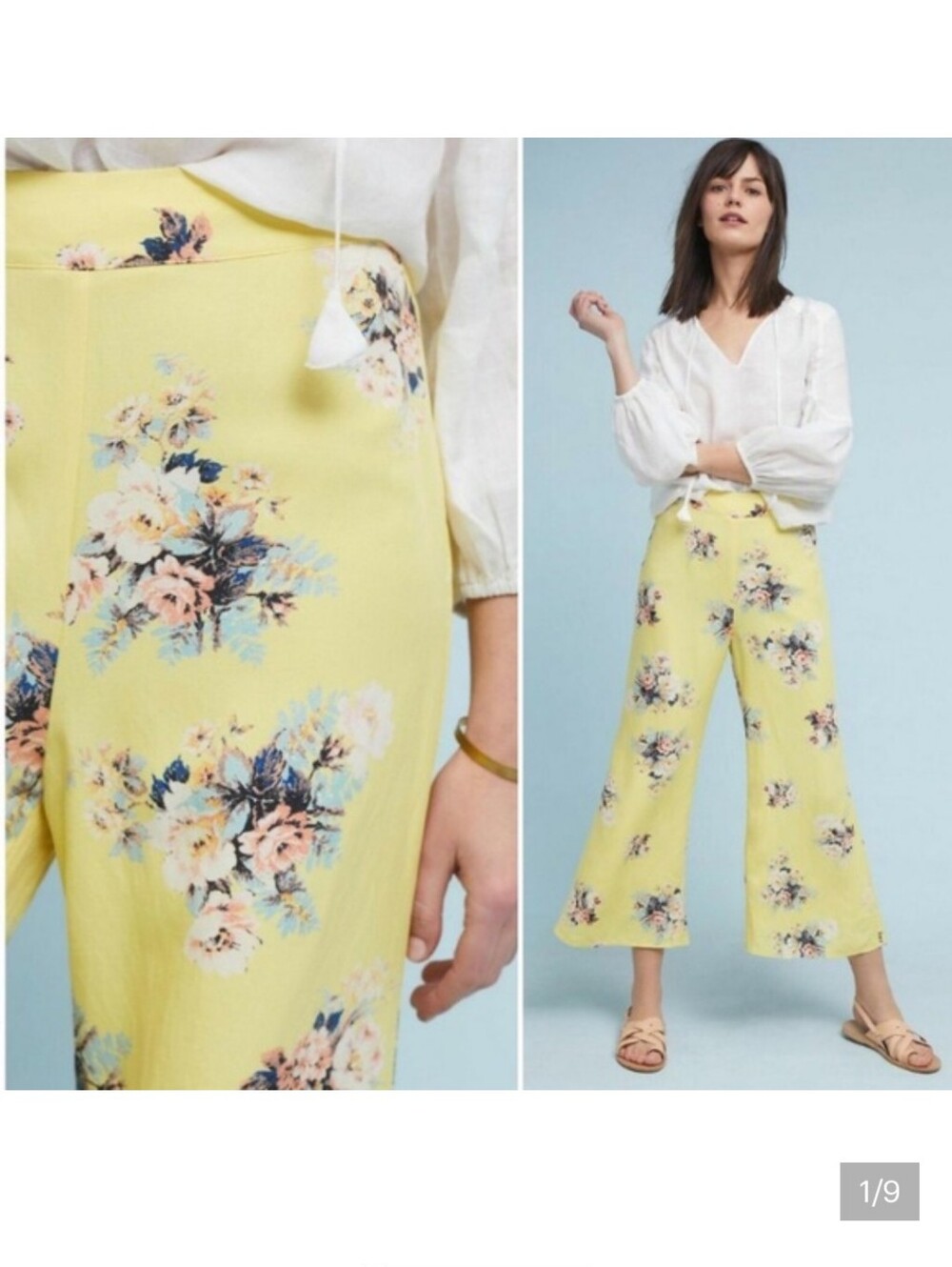 Anthropologie Feather Bone Talese Lemon Floral Wide-Leg Cropped Pants